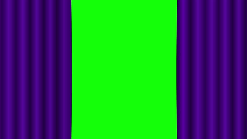 Curtain scene full opens, closes. Purple, violet theater, cinema stage open, complete close. Cartoon, loop, repeated. Cycle animation. Show, performance. Green screen, transparent. Video footage