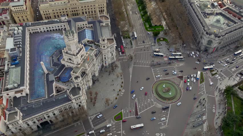 TImelapse Trafic in Madrid City Center Gran Via Aerial View of Famous Square near Palacio de Cibeles in Madrid, Spain.
