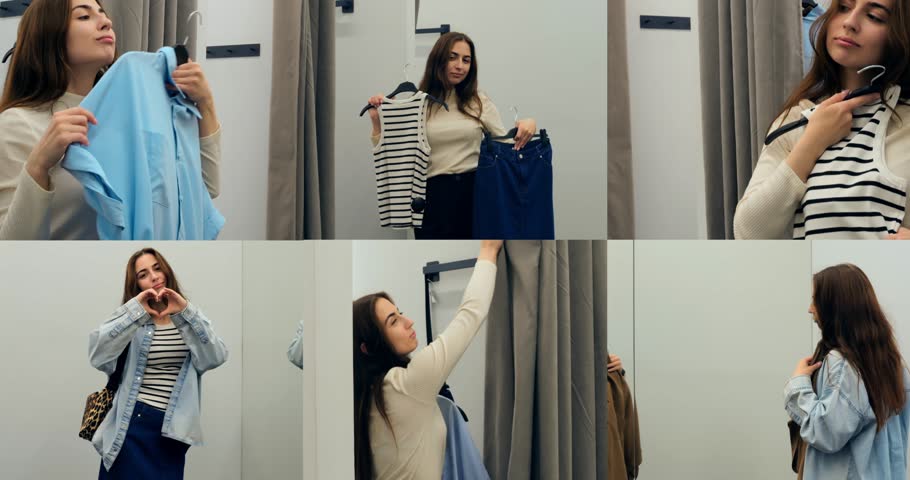 multiscreen collage showing woman browsing clothes in fitting room, woman holding striped top and jeans, woman comparing outfits with thoughtful expression, format emphasizes shopping experience