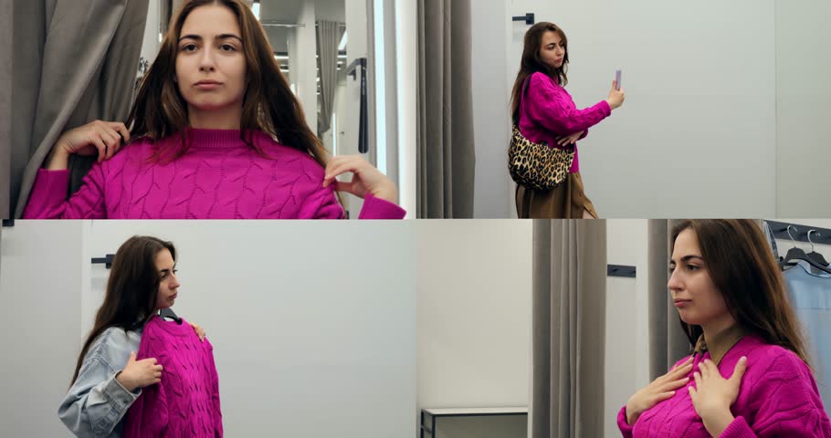 multiscreen collage featuring woman trying on pink sweater in fitting room, woman adjusts sweater collar while glancing in mirror, multiscreen layout highlights styling process