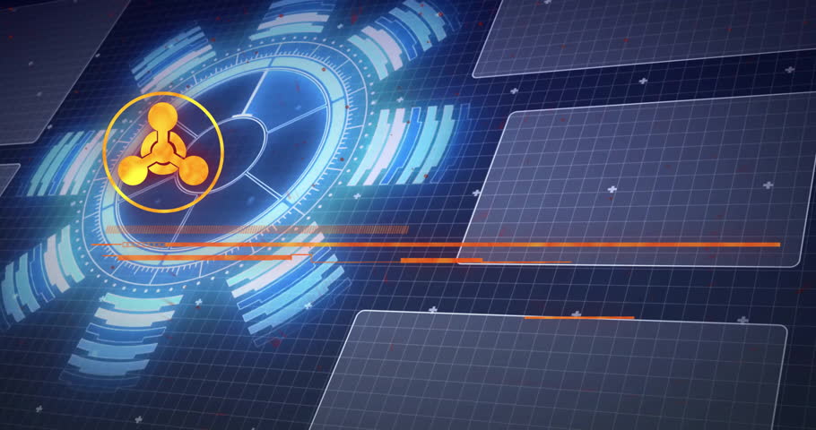 Dark grid interface loading spinning hazard logo text morphing into RED ALERT demanding action. Technology, alert, warning, interface, digital, progress, emergency