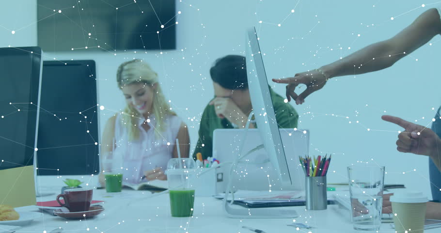 Camera lingering sparking business data overlays, colleague tracing charts, team analyzing metrics. Collaboration, teamwork, innovation, digital, analytics, modern, professional
