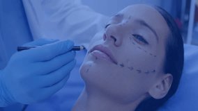 Doctor's hand entering and marking patient's face for medical mapping, overlays updating metrics. Cosmetic, surgery, digital, analysis, healthcare, innovation, assessment - Powered by Shutterstock - Get 15% off with code: PIKWIZARD15