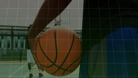 Player gripping basketball on court initiating green bar chart appearing tracking stats. Athletic, training, data, analysis, performance, modern, competitive - Powered by Shutterstock - Get 15% off with code: PIKWIZARD15