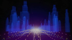 Electric-blue lightning arc snaking from top lighting pillars showing market icons on purple grid. Futuristic, digital, technology, data, financial, innovation, abstract - Powered by Shutterstock - Get 15% off with code: PIKWIZARD15