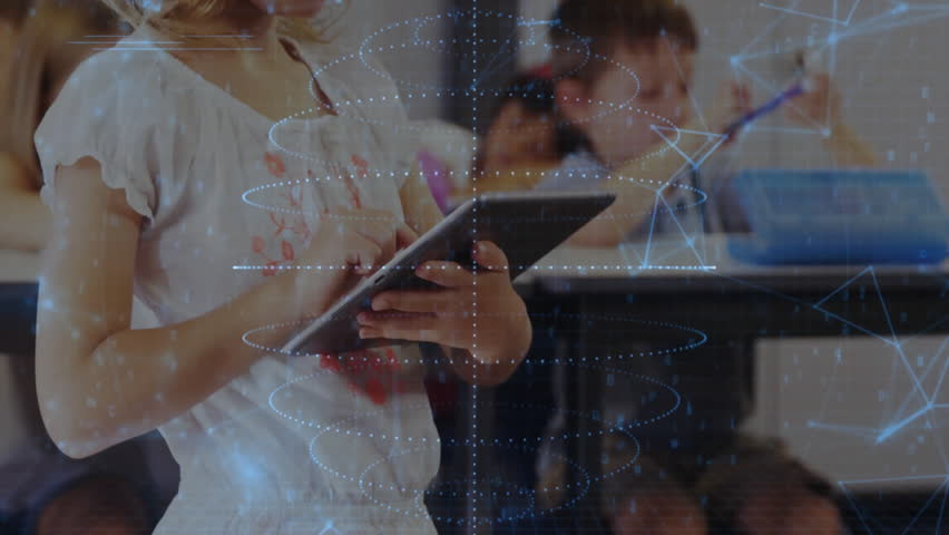 Female pupil tapping tablet corner in classroom, animating code and geometric elements for learning. Education, technology, digital, innovation, childhood, creativity, e-learning - Powered by Shutterstock - Get 15% off with code: PIKWIZARD15