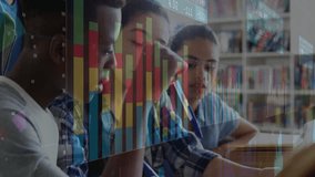 Teenage girl raising pencil showing graph overlay at library as peers writing learning task. Students, collaboration, education, literacy, research, academic, analysis - Powered by Shutterstock - Get 15% off with code: PIKWIZARD15