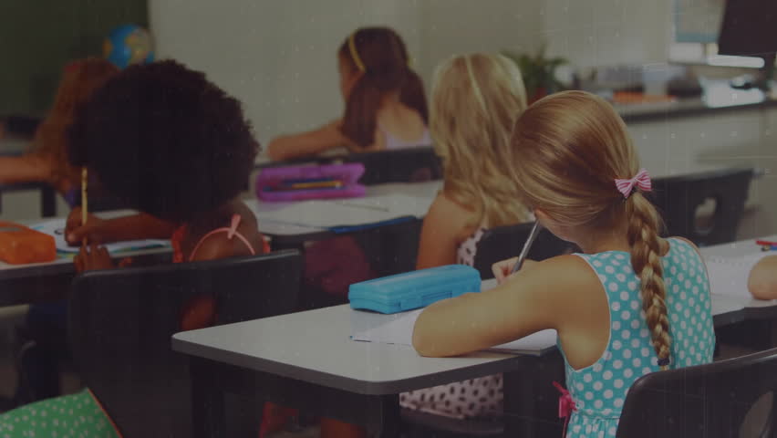 students writing in classroom driving bar charts and line graphs animating behind smiling girl. Education, analytics, data visualization, teamwork, concentration, learning, innovation - Powered by Shutterstock - Get 15% off with code: PIKWIZARD15