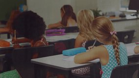 students writing in classroom driving bar charts and line graphs animating behind smiling girl. Education, analytics, data visualization, teamwork, concentration, learning, innovation - Powered by Shutterstock - Get 15% off with code: PIKWIZARD15