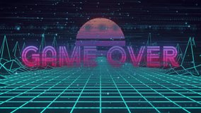 Static shot, scanlines rising, glitching neon GAME OVER slicing, reforming, restoring retro display. Futuristic, cyberpunk, digital, neon, glitch, technology, ambiance - Powered by Shutterstock - Get 15% off with code: PIKWIZARD15