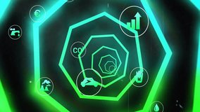 Faucet icon appearing starting spiral pulsing while eco icons drifting inward and out showing data. Futuristic, innovation, technology, data visualization, sustainability, neon, digital - Powered by Shutterstock - Get 15% off with code: PIKWIZARD15