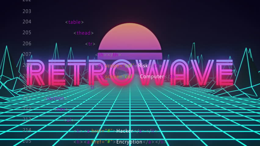Upon grid rendering neon 3D RETROWAVE emerging pulsing and scrolling HTML for cyber security demo. Cyberspace, futurism, digital art, abstract, retro, technology, neon - Powered by Shutterstock - Get 15% off with code: PIKWIZARD15