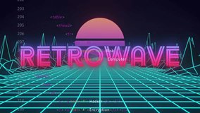 Upon grid rendering neon 3D RETROWAVE emerging pulsing and scrolling HTML for cyber security demo. Cyberspace, futurism, digital art, abstract, retro, technology, neon - Powered by Shutterstock - Get 15% off with code: PIKWIZARD15