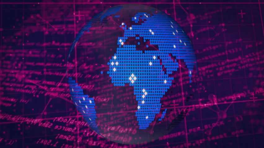 On startup digital globe rotating while magenta lines arcing onto globe visualizing data links. Globes, networks, connectivity, data visualization, cybersecurity, digital interface, technology - Powered by Shutterstock - Get 15% off with code: PIKWIZARD15