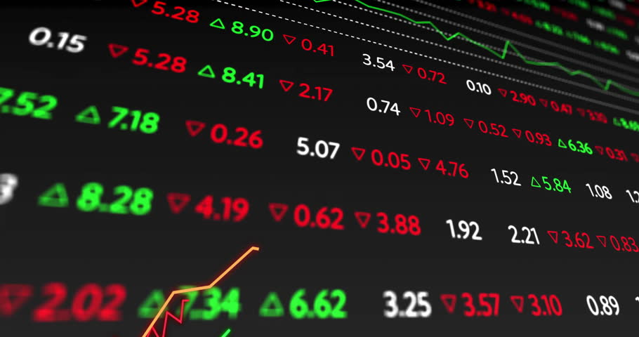 Market data feed initiating numeric updates driving orange graph climbing and rebounding for trends. Financial analysis, investment, data visualization, digital dashboard, stock market, trading