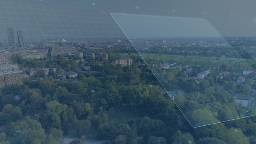Aerial view showing panel starting scanning rotating ring tracing neon circuits for survey. Futuristic, technology, digital, network, urban, innovation, cyber - Powered by Shutterstock - Get 15% off with code: PIKWIZARD15