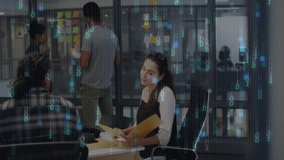 Business team discussing project, woman opening yellow folder sparking review with code overlay. Collaboration, teamwork, innovation, office, strategy, digital, brainstorming - Powered by Shutterstock - Get 15% off with code: PIKWIZARD15