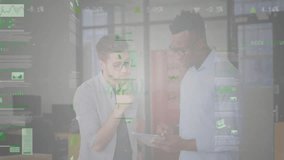 Male coworkers interacting with tablet while green overlays updating for business data analysis. Collaboration, technology, analytics, finance, professional, digital, innovation - Powered by Shutterstock - Get 15% off with code: PIKWIZARD15