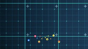 Reaction emojis emerging on grid drifting pulsing dispersing reconverging for feedback display. Digital, interactive, futuristic, communication, social-media, animation, vibrant - Powered by Shutterstock - Get 15% off with code: PIKWIZARD15