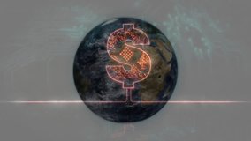 Opening globe fading neon pink dollar sign, rotating globe showing horizontal line and particles. Global, finance, technology, futurism, digital, innovation, connectivity - Powered by Shutterstock - Get 15% off with code: PIKWIZARD15