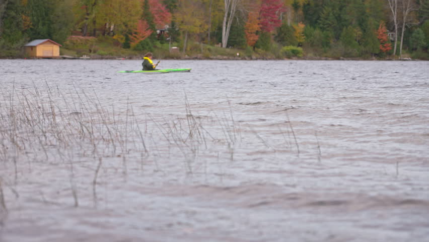 Women kayaking on a serene lake surrounded by autumn trees and reeds