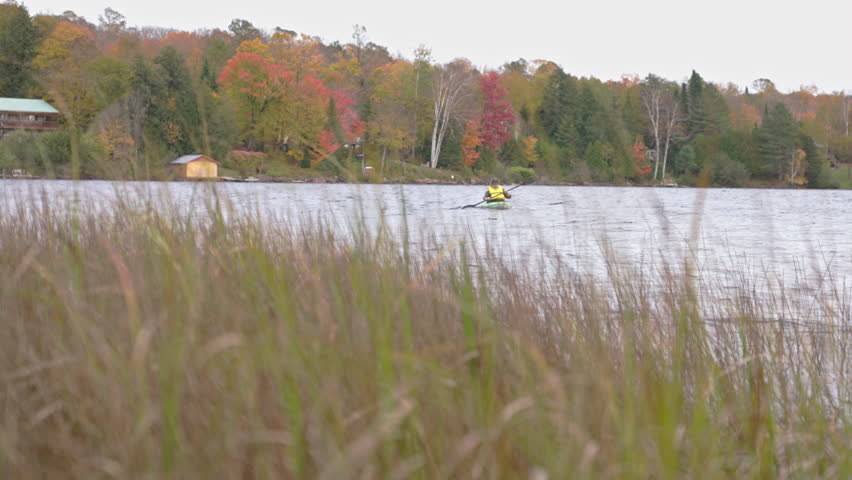 Paddling a kayak along the tranquil shore with colorful autumn trees nearby