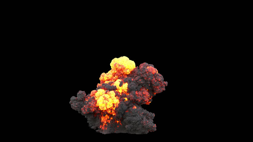 Volumetric explosion with intense fire and thick smoke rising dramatically on a transparent background, perfect for cinematic VFX compositing and dynamic visual effects scenes.