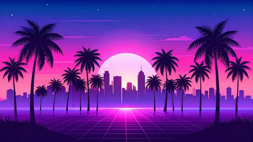 Get lost in this nostalgic synthwave scene with a city skyline, vivid sunset, and swaying palm trees. Use this for vibrant backgrounds, music projects, or atmospheric designs.