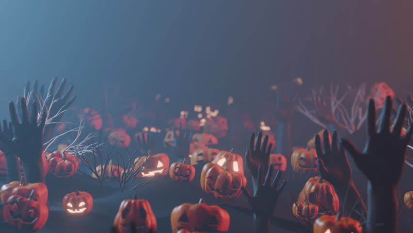 Haunted Pumpkin Field with Glowing Jack o Lanterns and Creepy Zombie Hands Background, seamless loop
