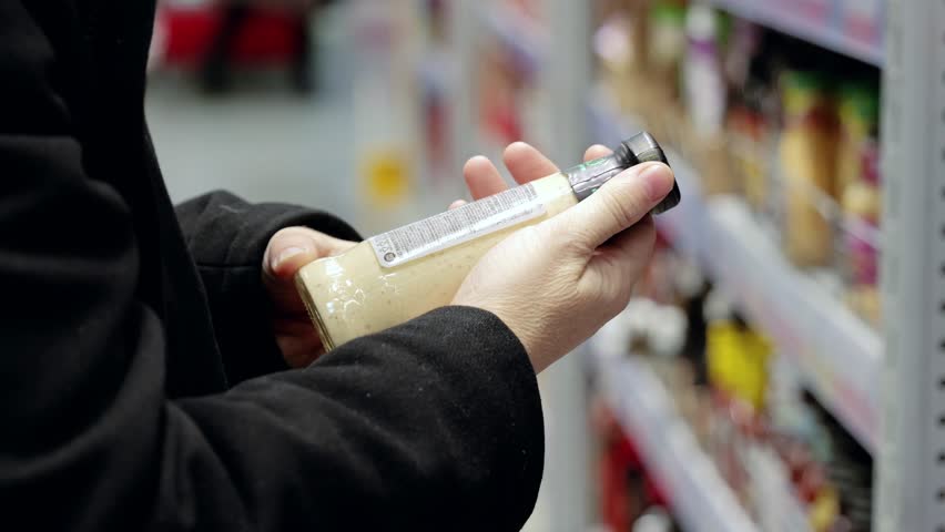Focused woman reading product label, checking nutritional details while comparing sauce ingredients in supermarket aisle, highlighting health conscious shopping behavior