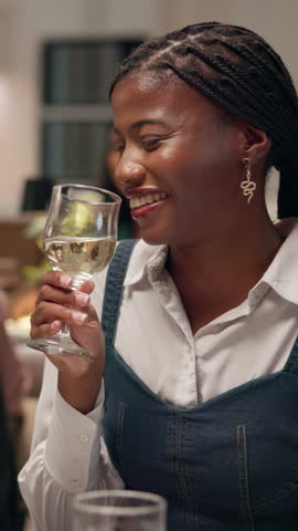 Happy woman, drinking and champagne with date for fine dining or hospitality in restaurant. Female person, customer or guest with smile, glass or tasting alcohol for conversation, chat or dinner