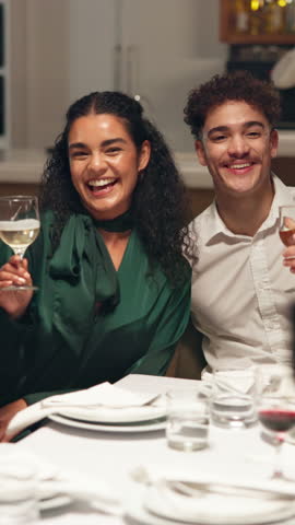 Wine, couple and smile at restaurant with peace sign, blow kiss and happy memory for social media. Alcohol drinks, man and woman with picture at dinner party, gathering and photo on date together