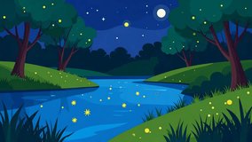 A calming nighttime landscape displays a serene river with fireflies near the banks, illuminated by the moon and distant stars in a cartoon illustration, perfect for backgrounds. - Powered by Shutterstock - Get 15% off with code: PIKWIZARD15