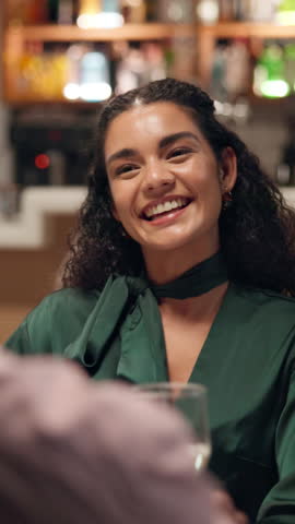 Smile, woman and cheers with alcohol at restaurant for date, celebration and anniversary event. Happy, couple and toast wine with partner for congratulations, romantic dinner and chat for fine dining