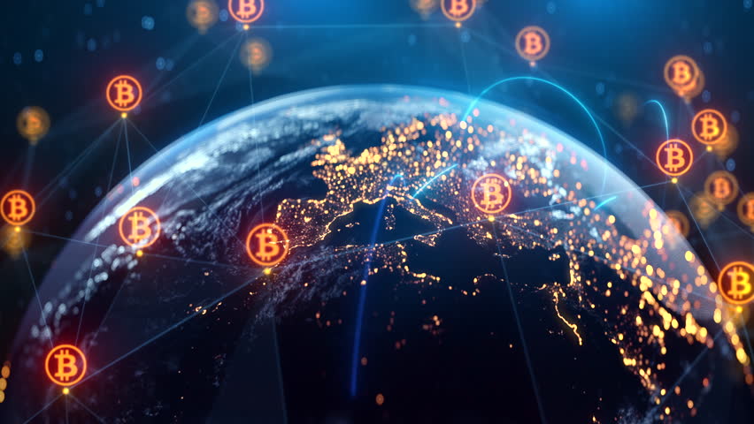 Global Bitcoin Blockchain Network Animation - Cryptocurrency World Map, Digital Finance, Data Flow, BTC Virtual Money, Global Payments, Crypto Trading, Financial Technology Background
