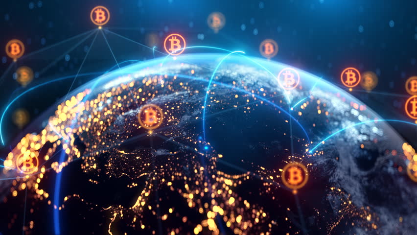 Global Bitcoin Blockchain Network Animation - Cryptocurrency World Map, Digital Finance, Data Flow, BTC Virtual Money, Global Payments, Crypto Trading, Financial Technology Background