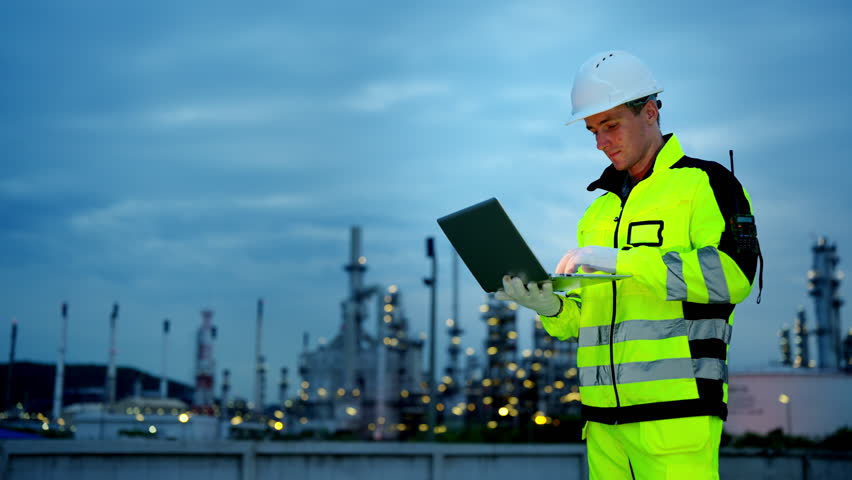 Male petrochemical industry engineer working on laptop computer inspection petroleum oil refinery plant construction site at night. Industrial engineer technician maintaining energy power gas system.