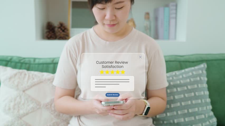 Customer satisfaction concept showing a business on a Mobile receiving excellent 5-star ratings and positive online reviews, illustrating great customer feedback and reputation management.