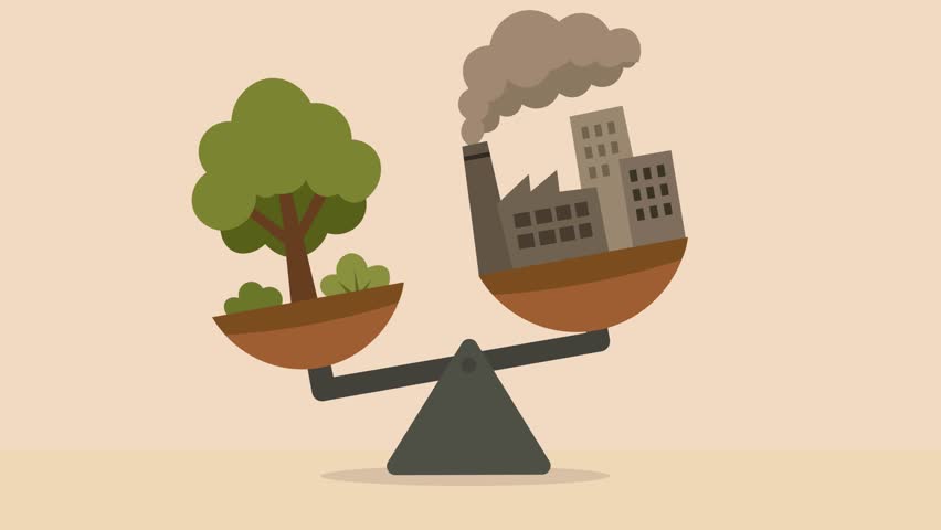 Balancing Nature and Industrial Impact The tension between environmental preservation and industrial development. Flat design Animation. Ecological equilibrium in the face of pollution 