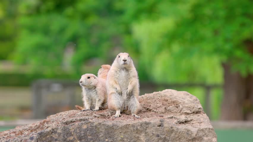 Group of Black Tailed Prairie Dogs Standing funny on a rock, daytime