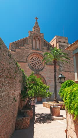Beautiful church of St Jaume in the picturesque town of Alcudia, Mallorca. A prominent landmark in Balearic Islands, Spain, showcasing historic architecture and cultural heritage of Majorca island.
