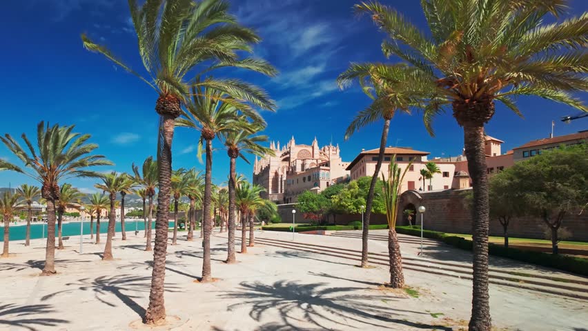 The Cathedral of Santa Maria of Palm, Palma de Mallorca, Mallorca, Balearic Islands, Spain. Steadicam revealing footage of the historic Cathedral building on Majorca island at sunny day. 