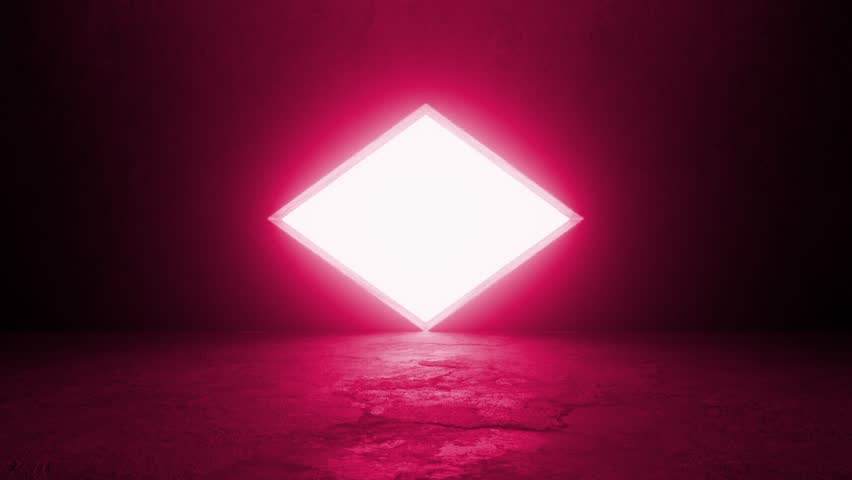 Luminous diamond shaped doorway gradually revealing interior of dark pink concrete room, symbolizing transition and emerging potential through futuristic architectural portal