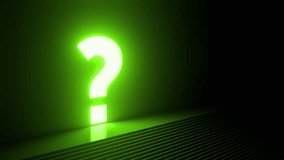 Glowing green neon question mark casting enigmatic light across dark reflective room, creating suspenseful atmosphere of mystery and uncertainty - Powered by Shutterstock - Get 15% off with code: PIKWIZARD15
