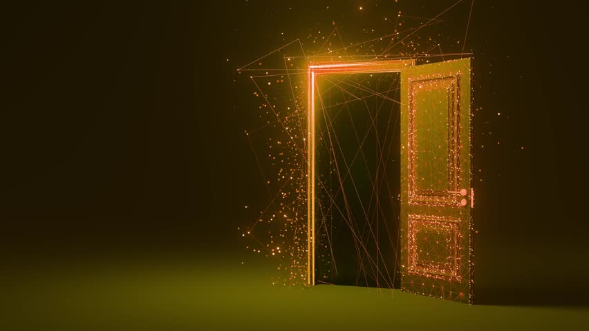 Luminous orange particles coalescing, forming translucent gateway gradually opening against deep green backdrop, revealing intense radiant illumination emerging from mysterious interior space