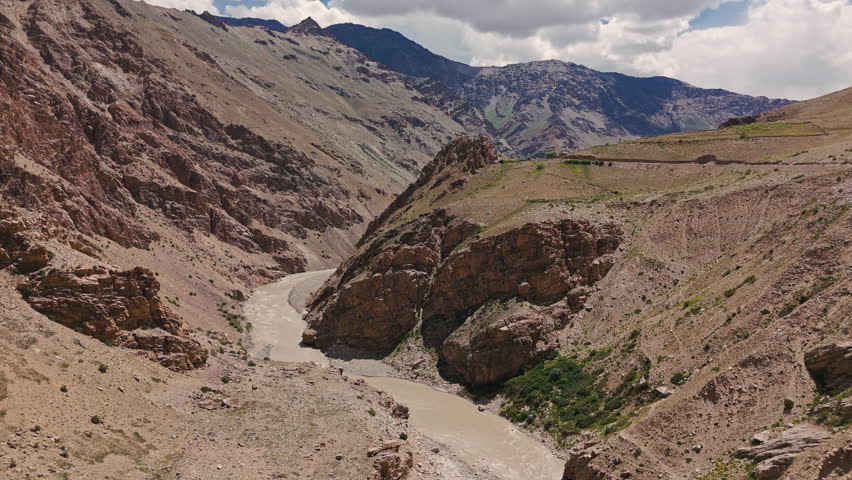 Aerial View of Desert Canyon with River in Himalayas