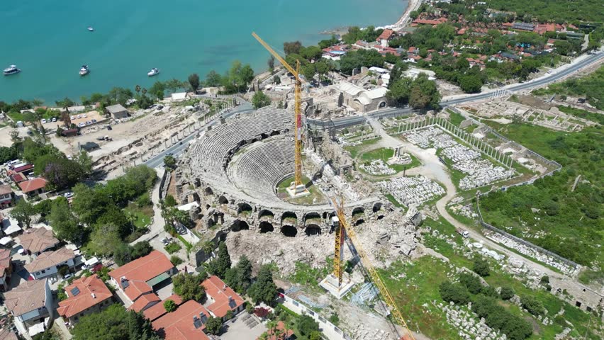 Aerial view of Side Antique Theatre, Turkiye.
