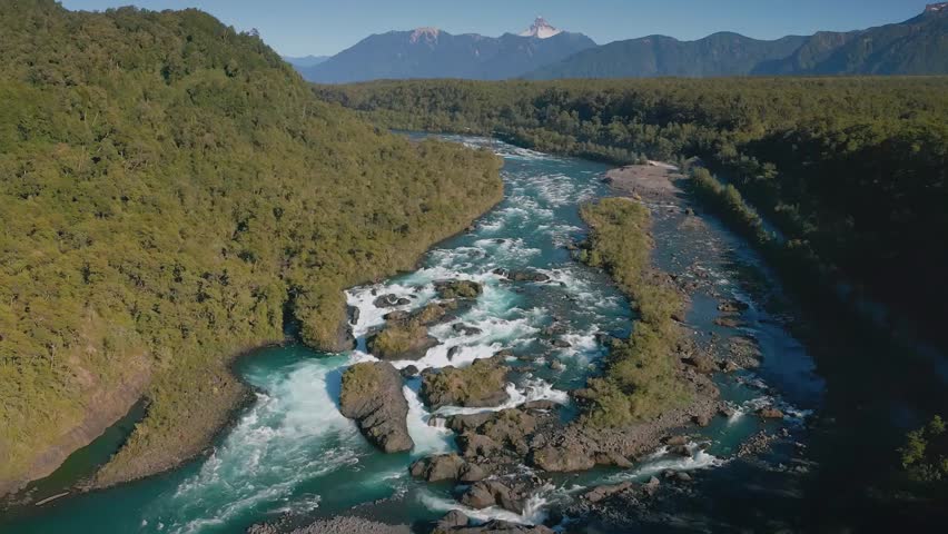 Aerial View Patagonian River Rapids Lush Forest Mountains Scenic Landscape Nature Adventure Travel Destination Wilderness Exploration