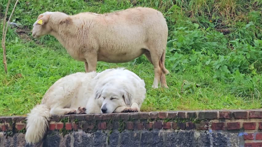 close up view of a sheep and a sleeping guard dog - Citadel of Lille( The Parc de la Citadelle) - Lille, France