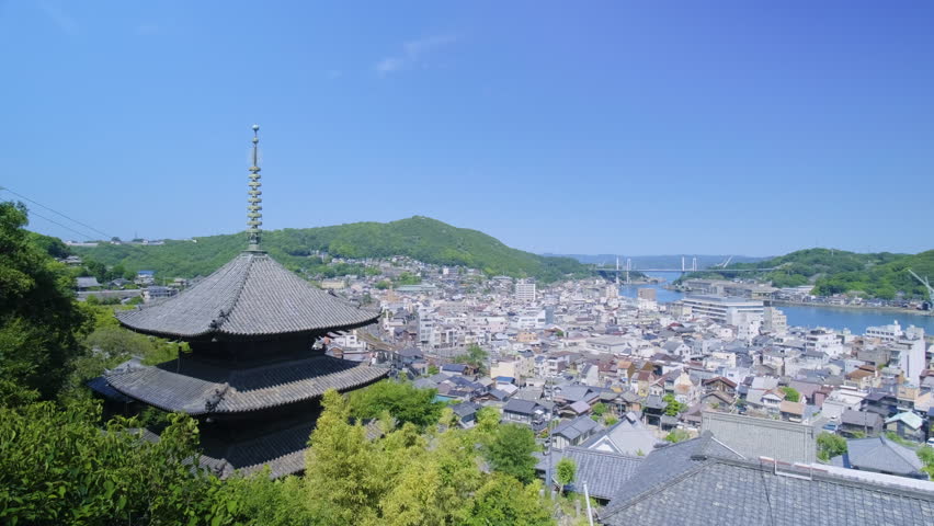 Tenneiji Temple Three-Story Pagoda and Cityscape of Onomichi, Onomichi City, Hiroshima Prefecture, Japan